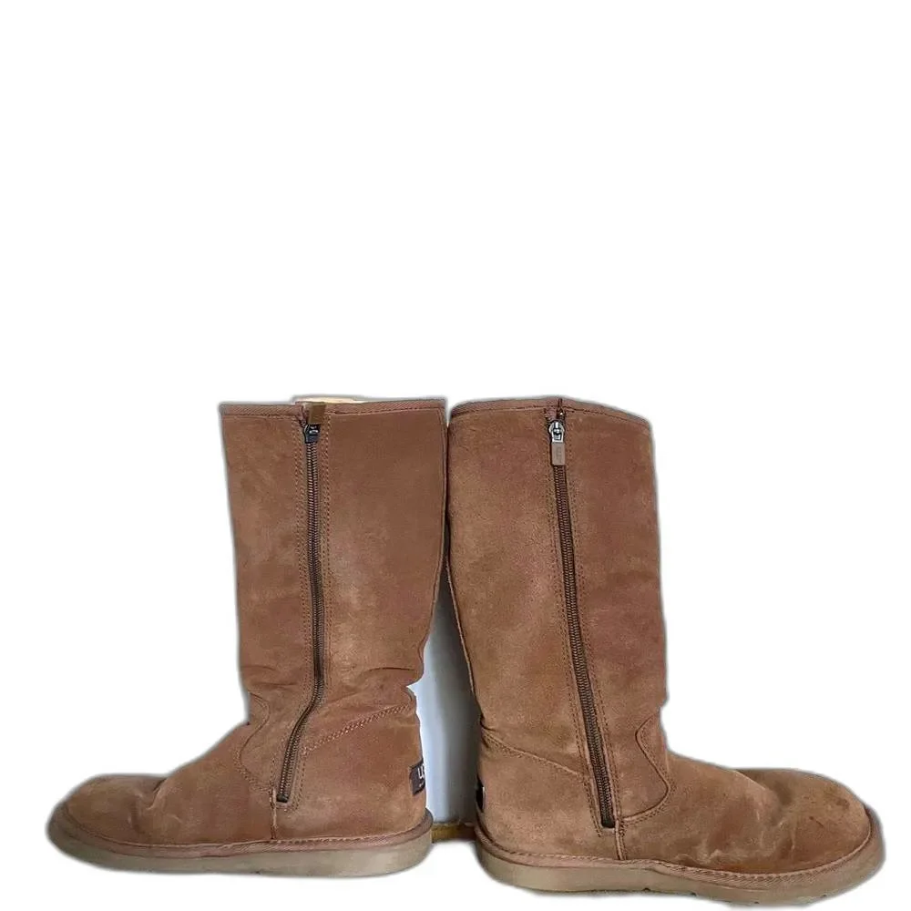 Ugg Chestnut Brown Zip-Up Tall Sheepskin Shearling Boots, Size 7